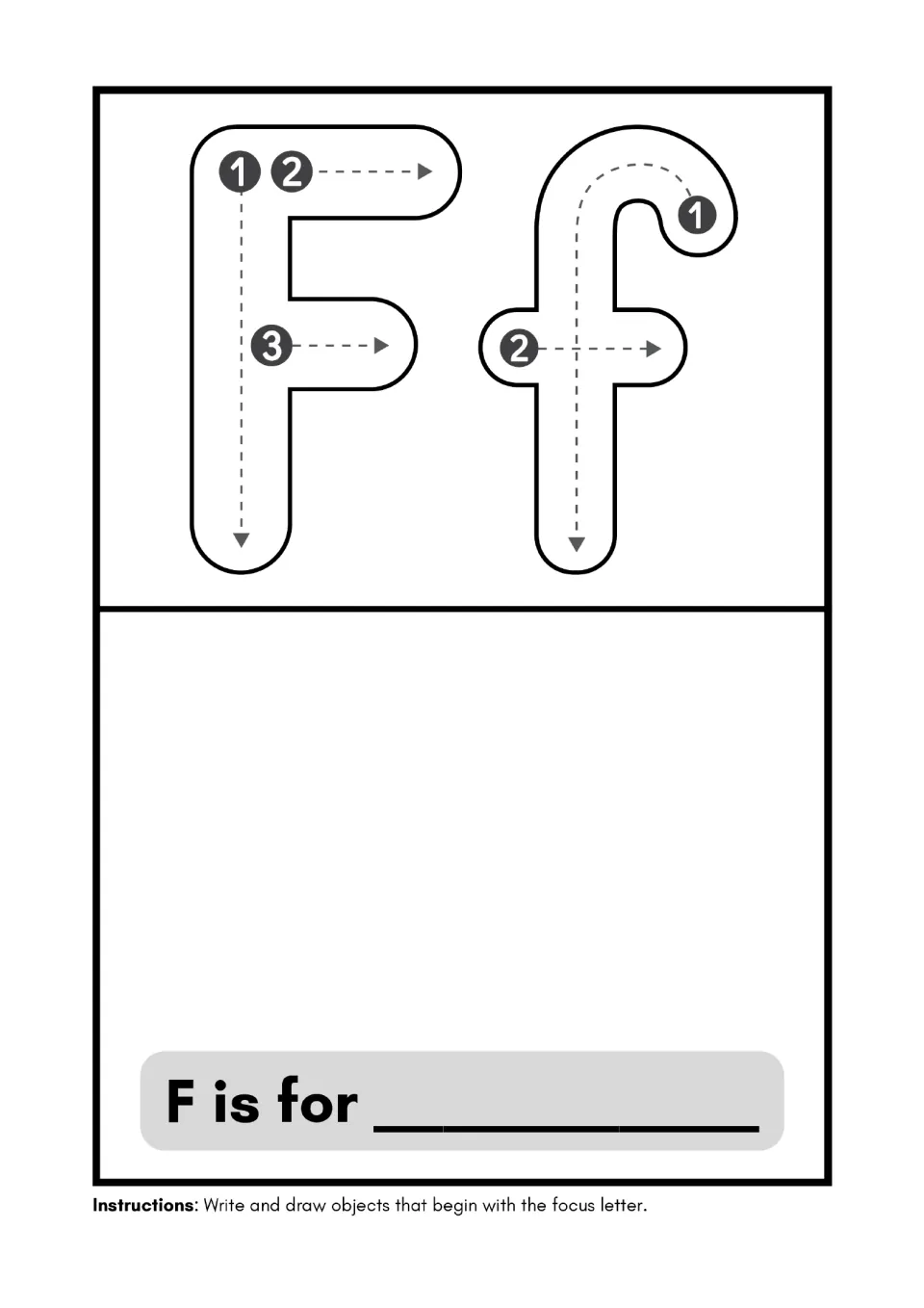 Alphabet minibook page for F: trace uppercase F and lowercase f, then write and draw for “F is for”.
