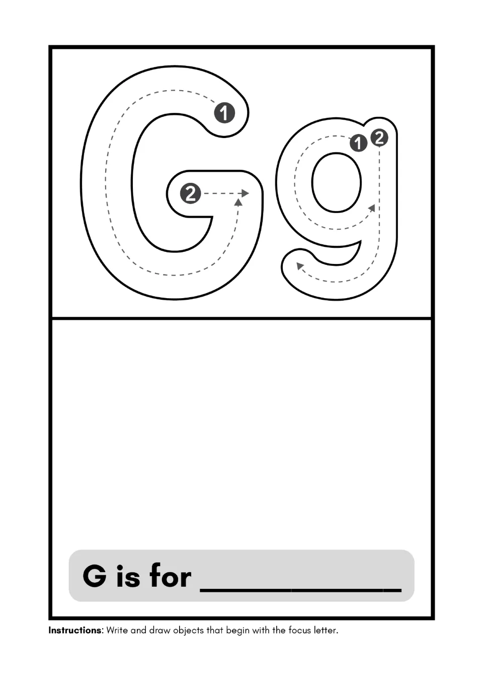 Alphabet minibook page for G: trace uppercase G and lowercase g, then write and draw for “G is for”.