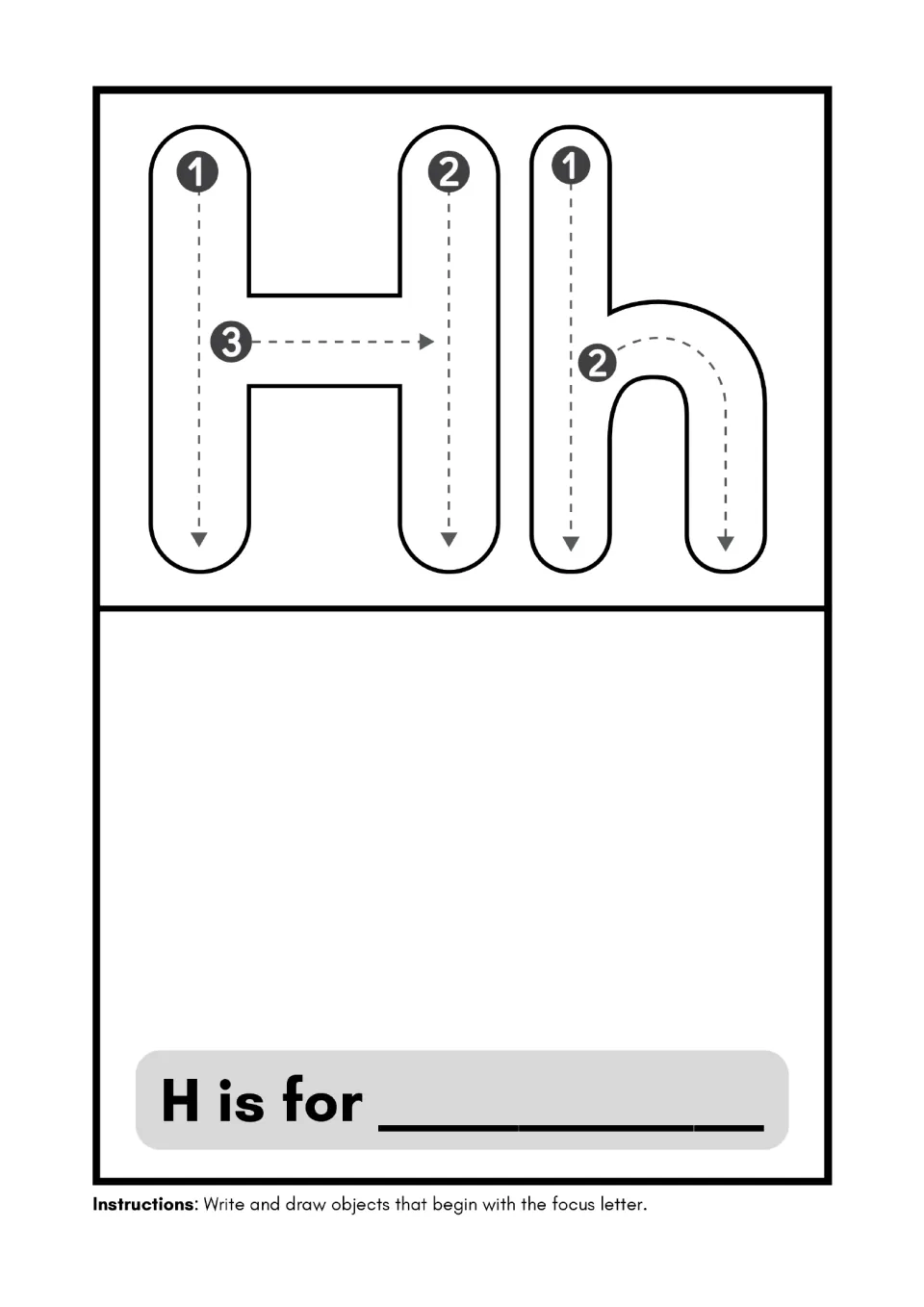 Alphabet minibook page for H: trace uppercase H and lowercase h, then write and draw for “H is for”.