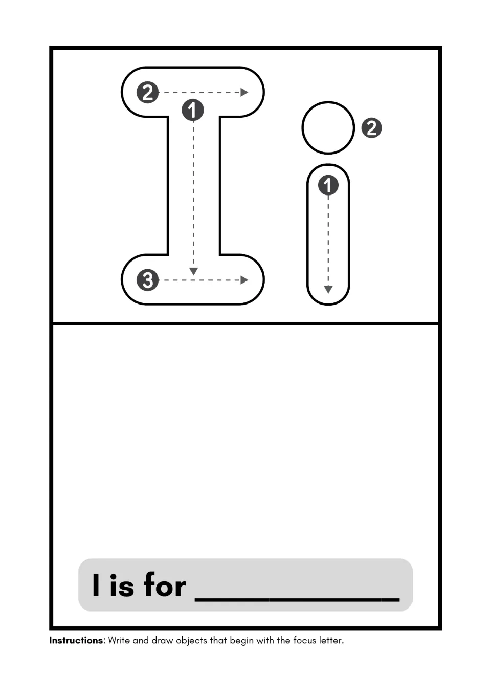 Alphabet minibook page for I: trace uppercase I and lowercase i, then write and draw for “I is for”.