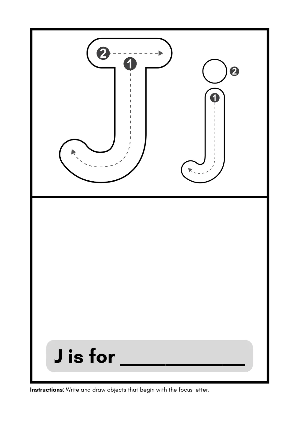 Alphabet minibook page for J: trace uppercase J and lowercase j, then write and draw for “J is for”.