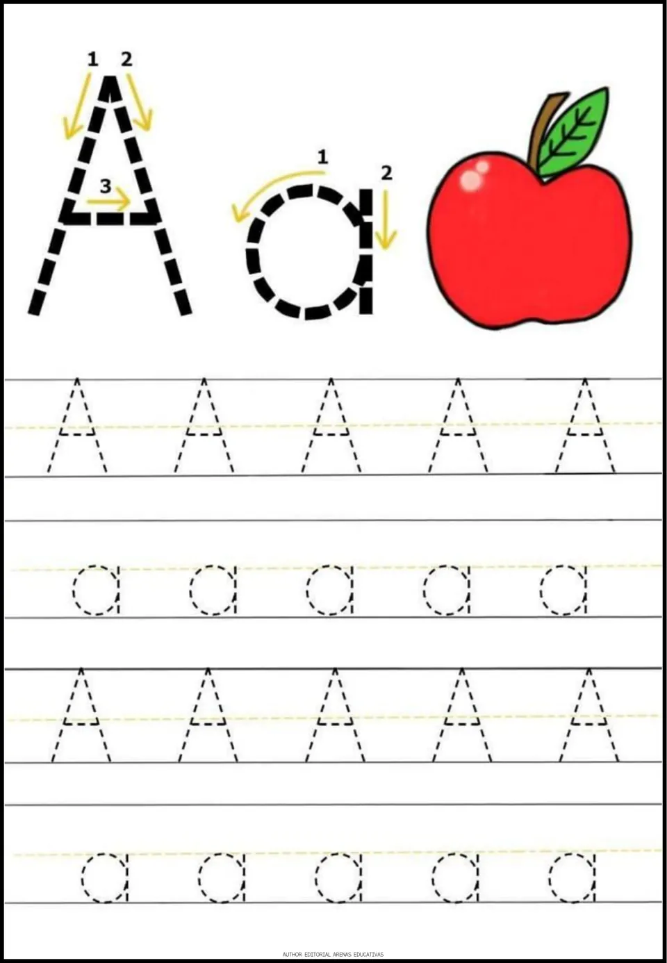 Letter A tracing page in the minibook: uppercase A, lowercase a, numbered stroke arrows, and an apple