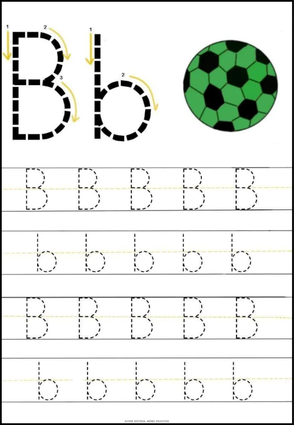 Letter B tracing page in the minibook: uppercase B, lowercase b, numbered stroke arrows, and a ball