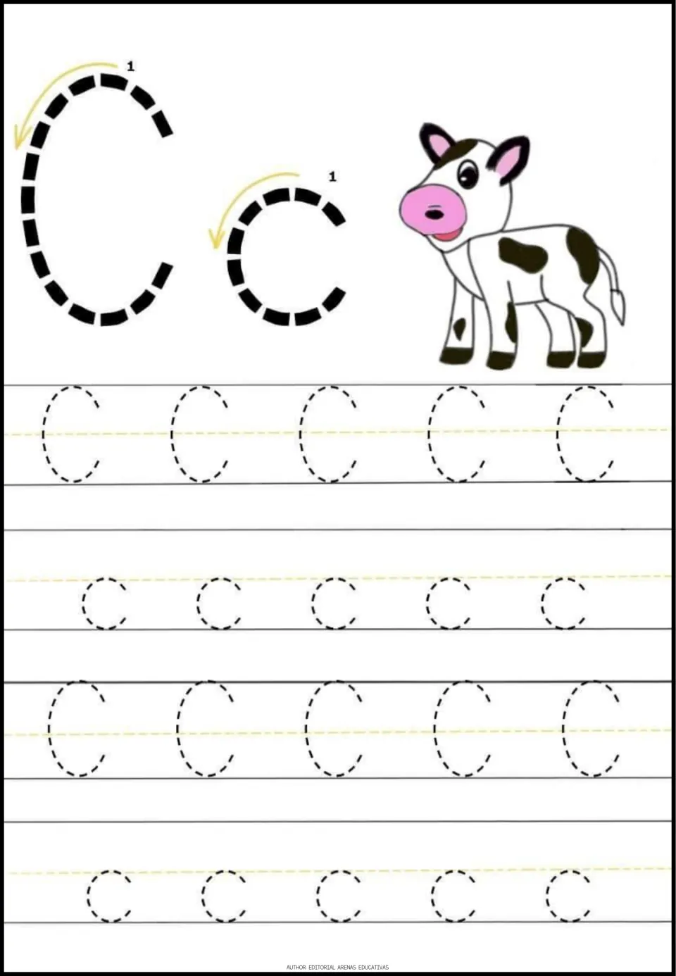 Letter C tracing page in the minibook: uppercase C, lowercase c, numbered stroke arrows, and a cow