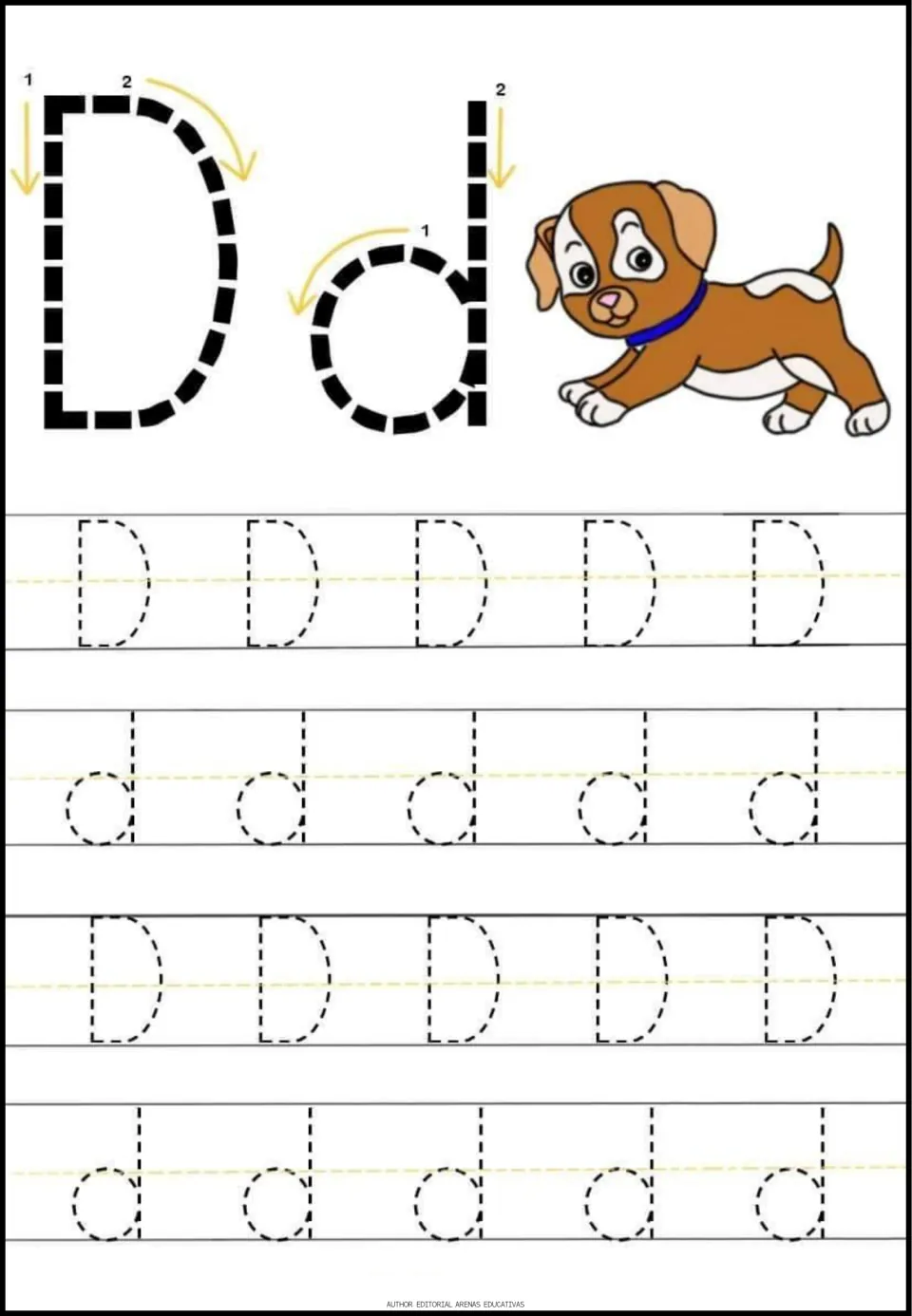 Letter D tracing page in the minibook: uppercase D, lowercase d, numbered stroke arrows, and a dog