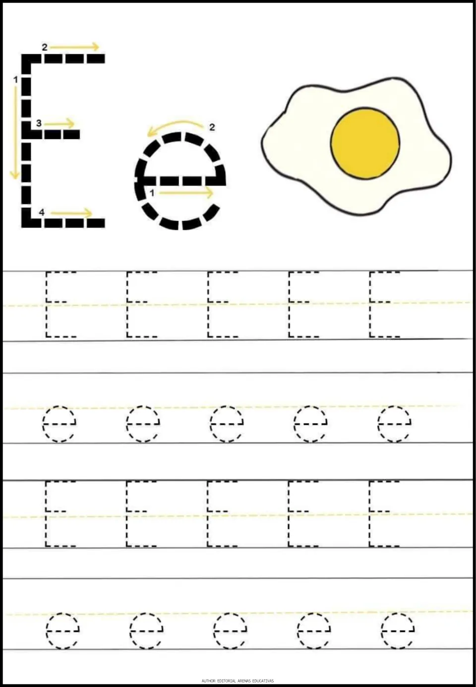 Letter E tracing page in the minibook: uppercase E, lowercase e, numbered stroke arrows, and an egg