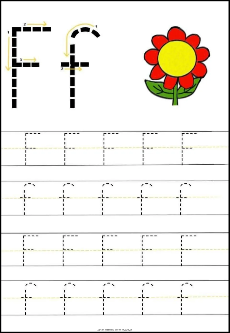 Letter F tracing page in the minibook: uppercase F, lowercase f, numbered stroke arrows, and a flower