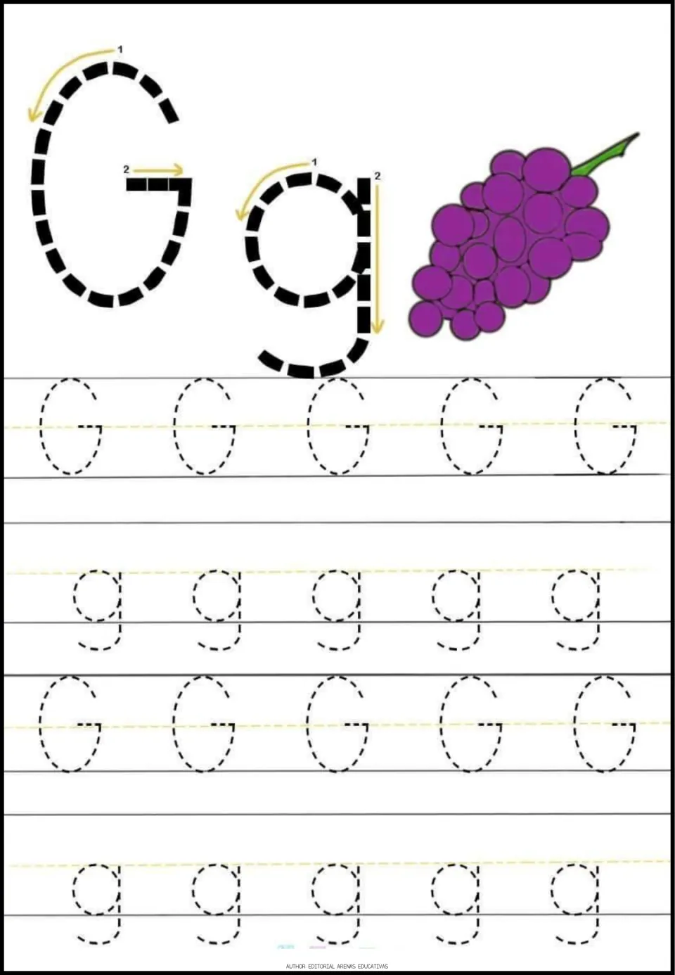 Letter G tracing page in the minibook: uppercase G, lowercase g, numbered stroke arrows, and grapes