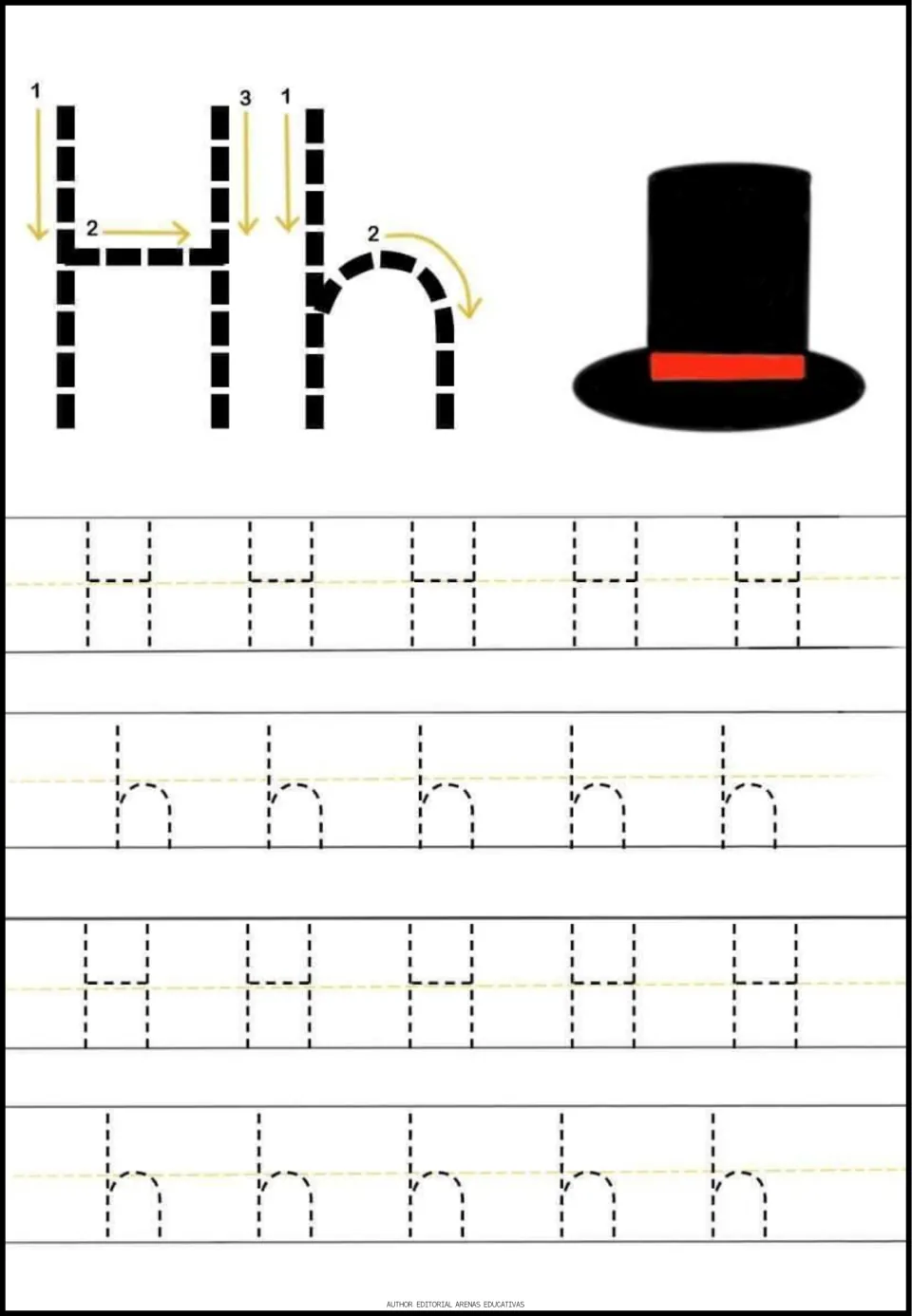 Letter H tracing page in the minibook: uppercase H, lowercase h, numbered stroke arrows, and a hat