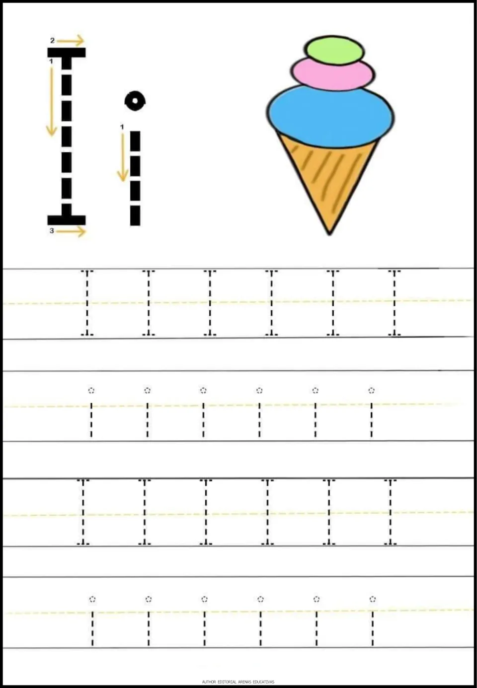 Letter I tracing page in the minibook: uppercase I, lowercase i, stroke arrows, and an ice cream cone