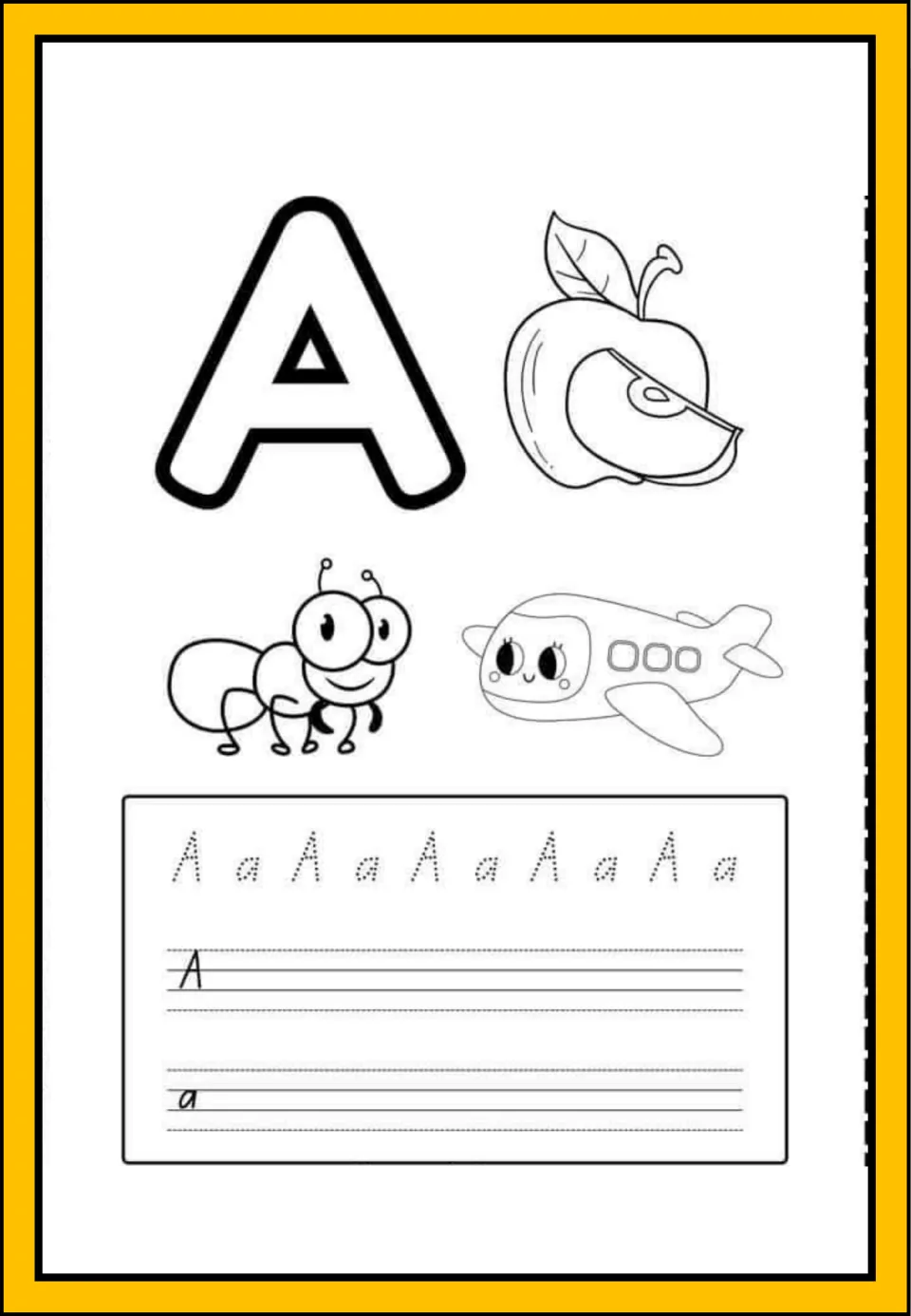 Letter A handwriting: students trace dotted A and a, write each on practice lines, and color an apple, ant and airplane