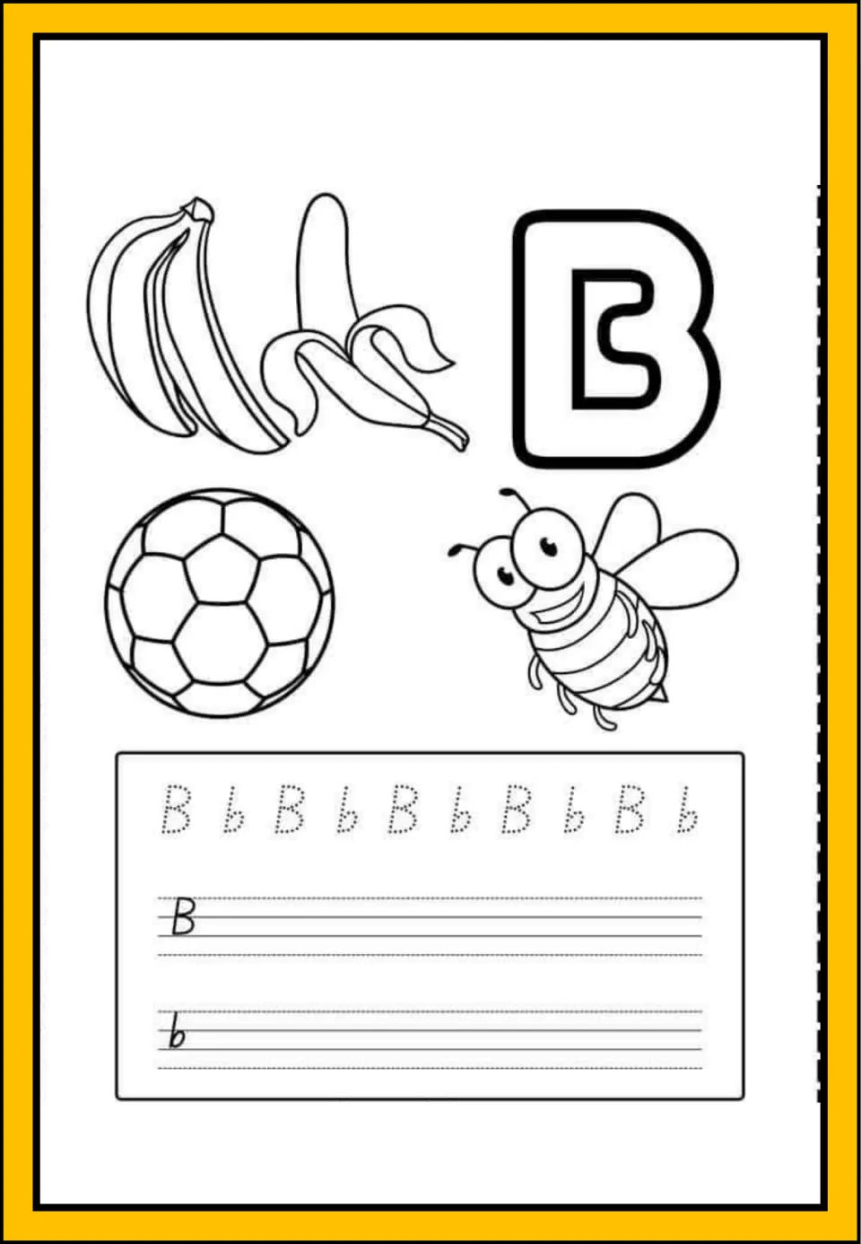 Letter B handwriting: students trace dotted B and b, write both forms on lines, and color bananas, a ball and a bee