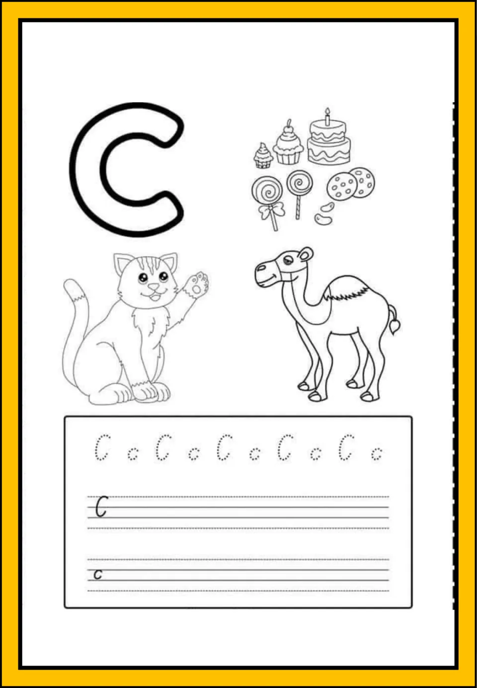 Letter C handwriting: students trace dotted C and c, copy each on lines, and color a cat, a camel, cakes and candy
