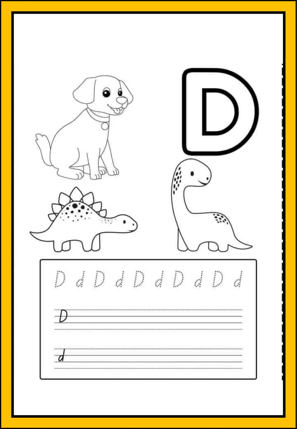 Letter D handwriting: students trace dotted D and d, write both on lines, and color a dog and two friendly dinosaurs