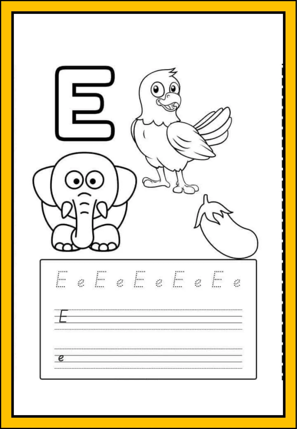 Letter E handwriting: students trace dotted E and e, write each on lines, and color an elephant, an eagle and an eggplant