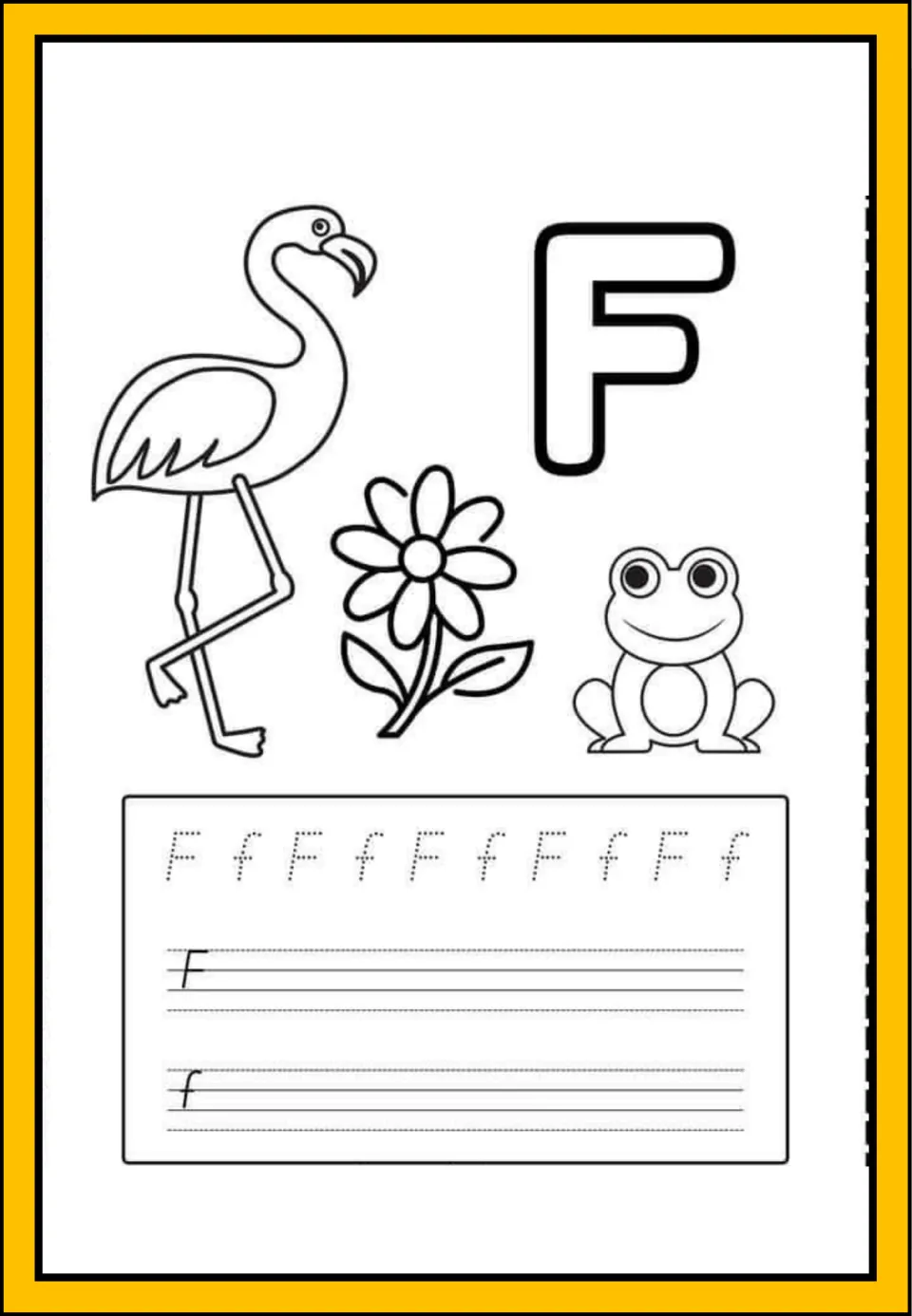 Letter F handwriting: students trace dotted F and f, copy both on lines, and color a flamingo, a flower and a frog