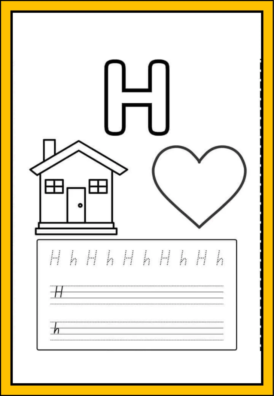 Letter H handwriting: students trace dotted H and h, write both on lines, and color a simple house and a heart