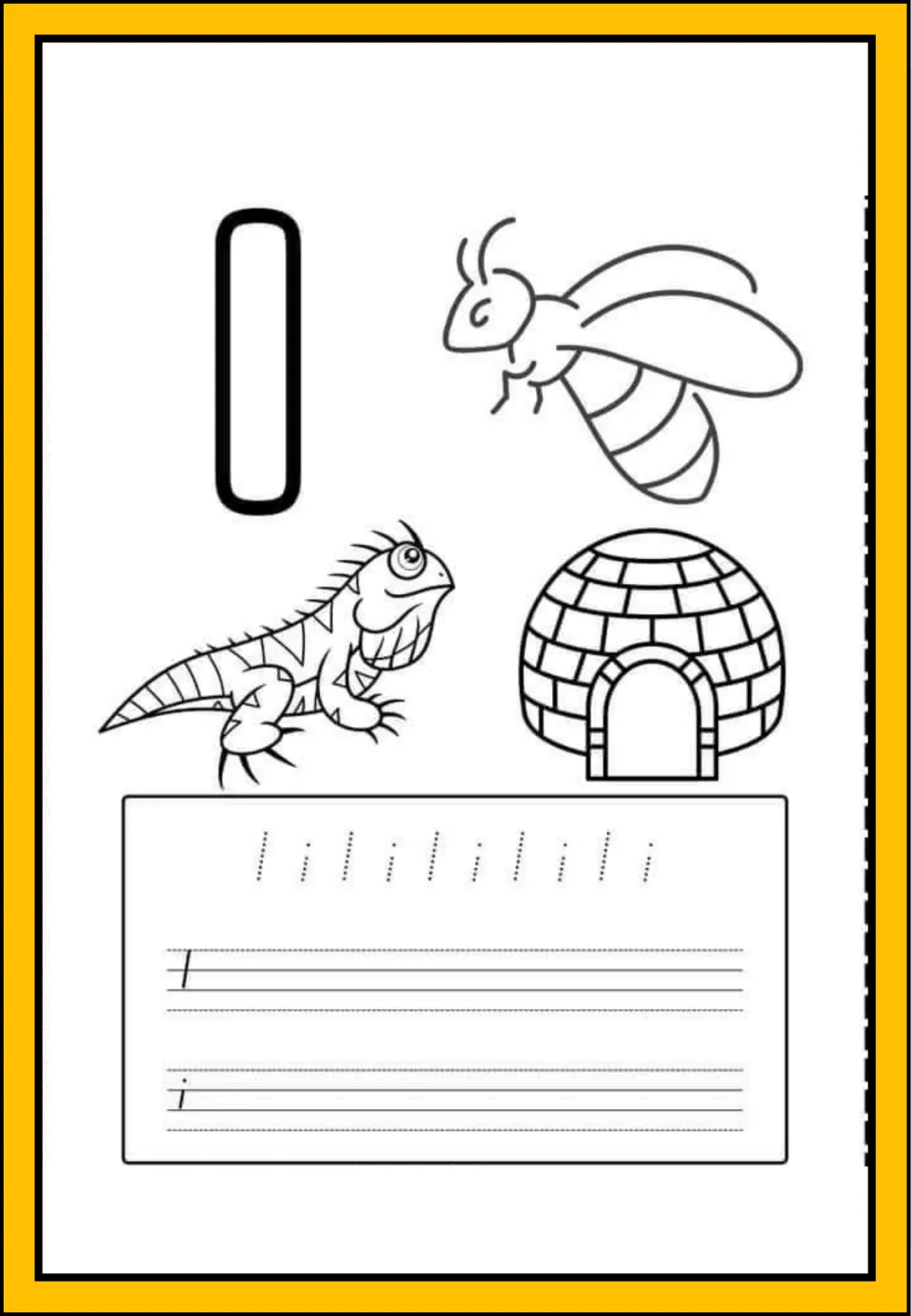 Letter I handwriting: students trace dotted I and i, write each on lines, and color an iguana, an igloo and an insect