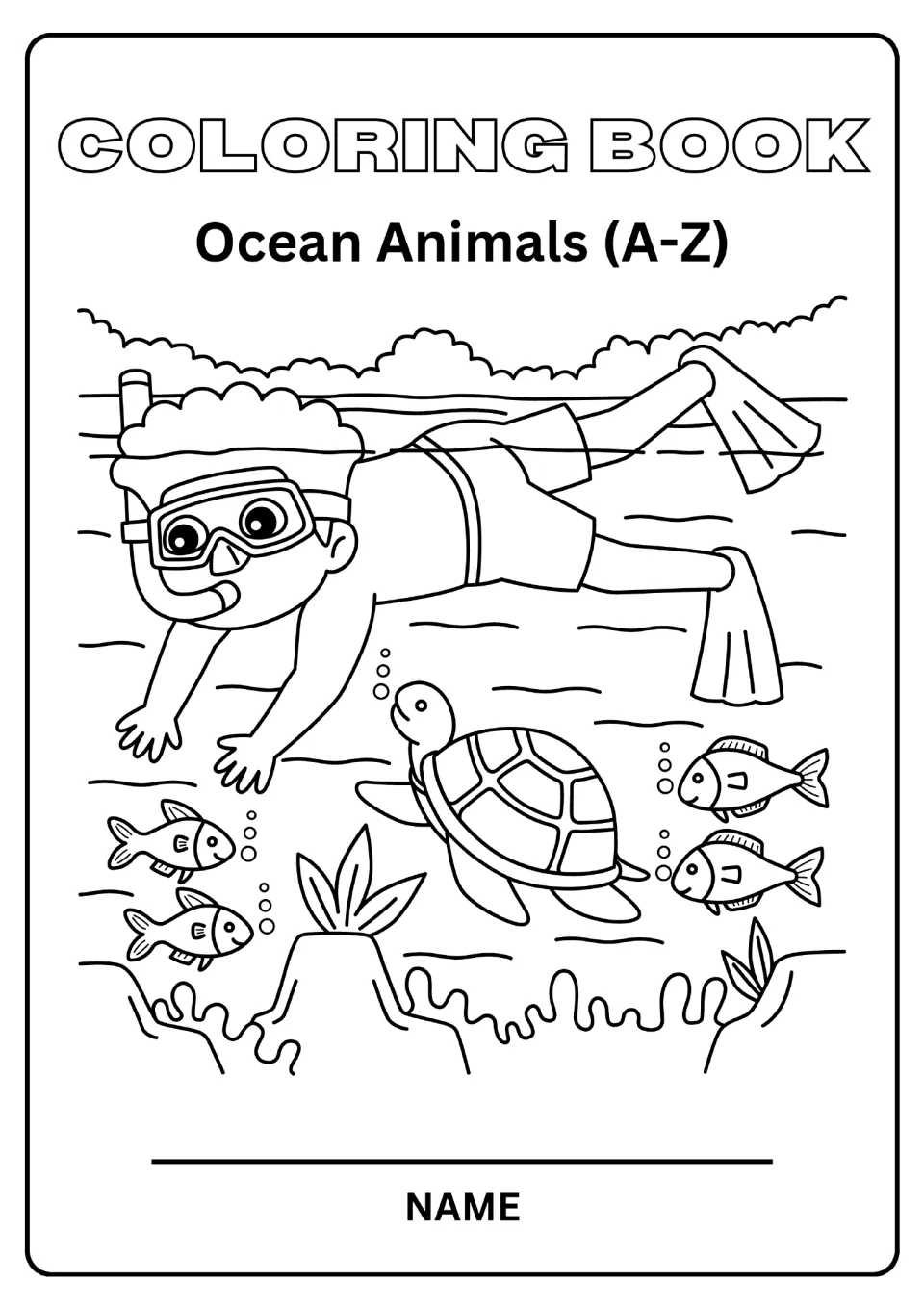Coloring Book, Ocean Animals (A-Z) cover: a snorkeling child swims with a sea turtle and fish over coral; name line