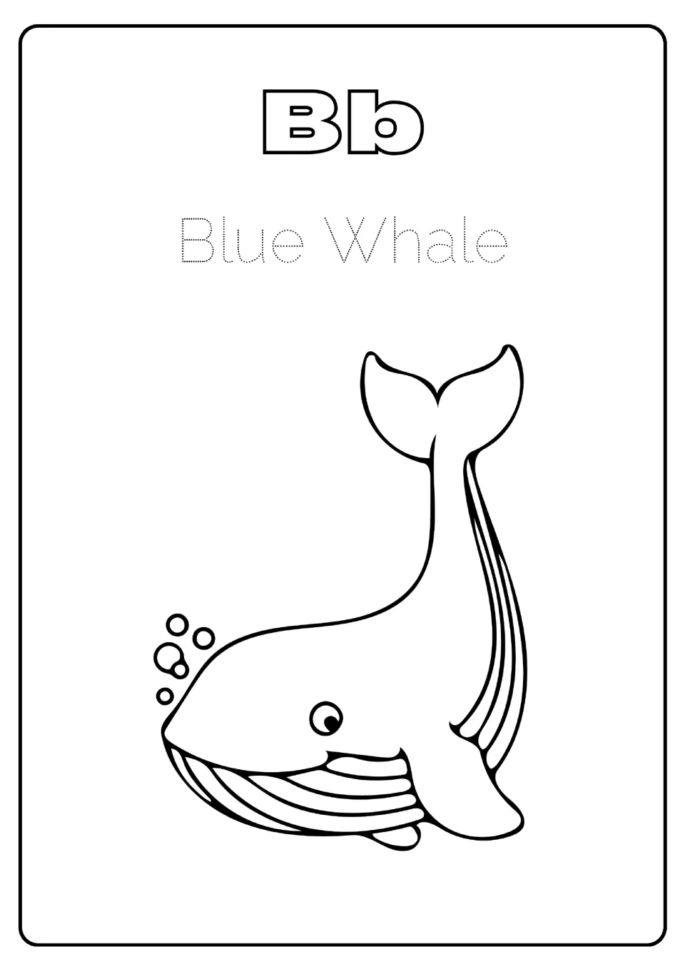 Letter Bb: students trace the dotted words Blue Whale and color a whale with its tail raised to practise letter B