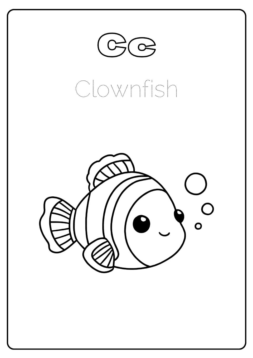 Letter Cc: students trace the dotted word Clownfish and color a striped, smiling clownfish to practise letter C