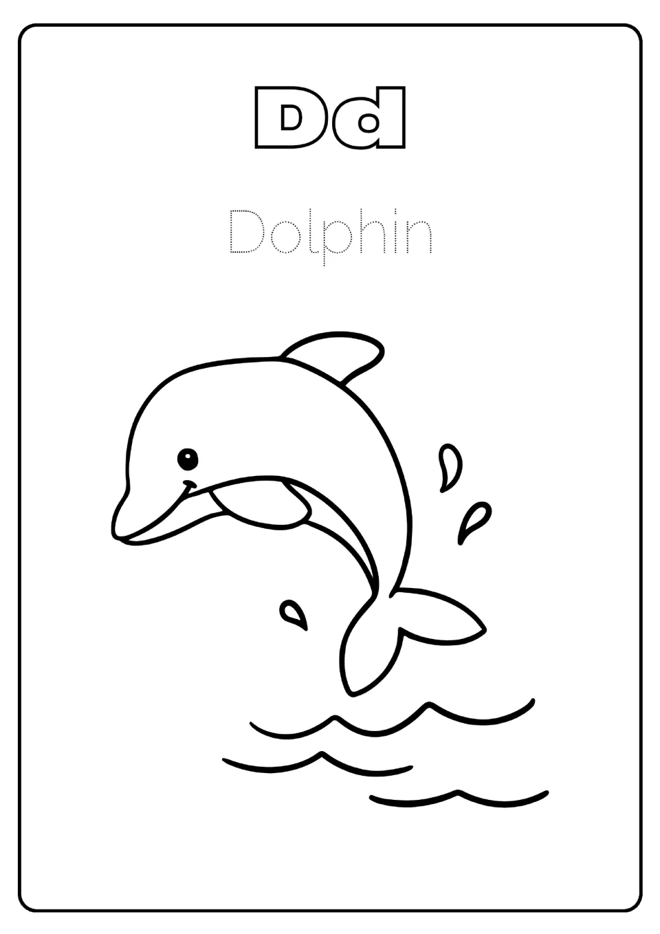 Letter Dd: students trace the dotted word Dolphin and color a dolphin leaping over waves to practise the letter D