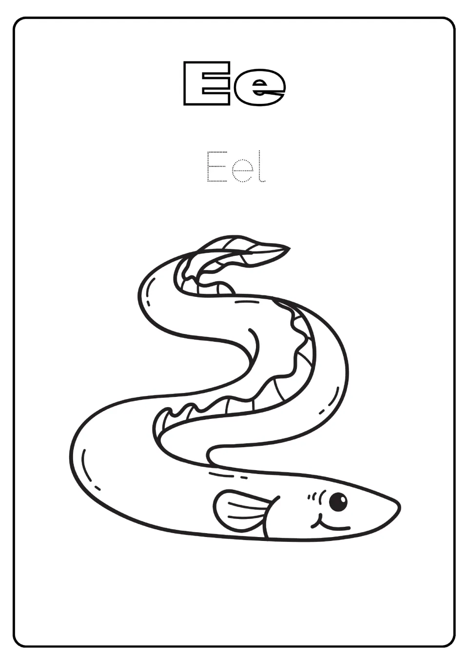 Letter Ee: students trace the dotted word Eel and color a long, curving eel with a frilled fin to practise letter E