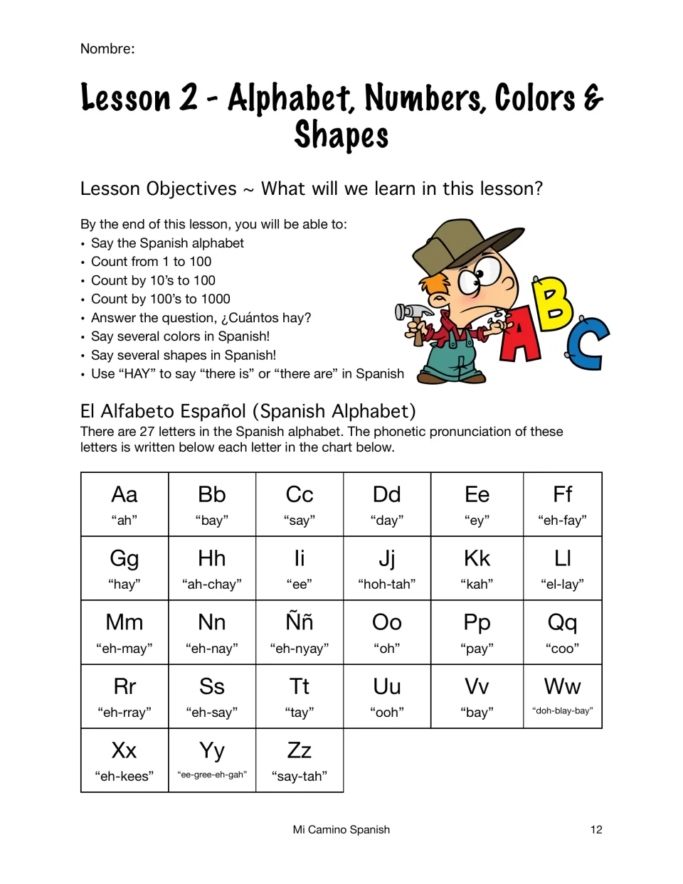 Lesson 2 objectives for alphabet, numbers, colors and shapes, then a chart of all 27 Spanish letters with pronunciations