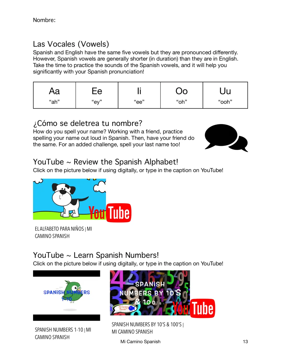 Spanish vowels A, E, I, O, U with sounds; partners spell their names aloud in Spanish; alphabet and number video links