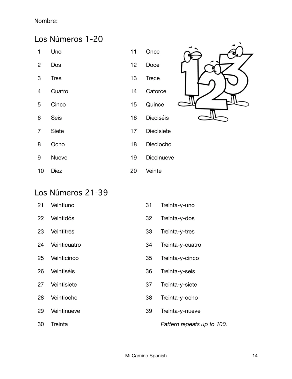 Los Números 1-20 and 21-39: Spanish number words listed beside numerals, with a note that the pattern repeats up to 100