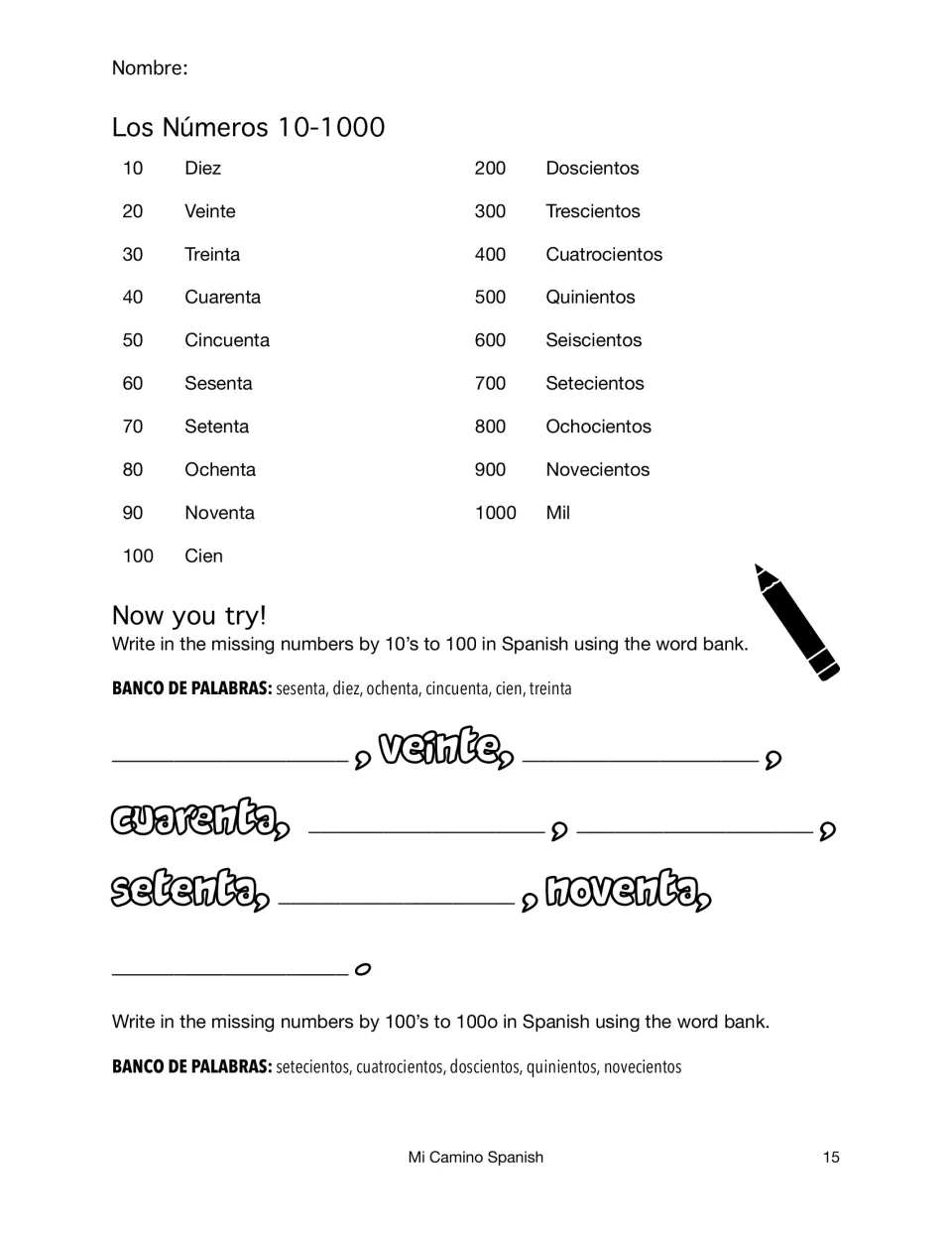 Los Números 10-1000 list of tens and hundreds; students fill in missing tens to cien from a word bank to count by 10s