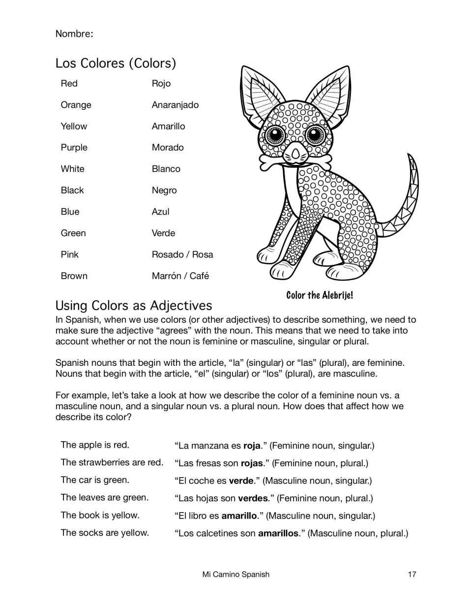 Los Colores: ten color words in English and Spanish, an alebrije dog to color, and examples of color adjective agreement