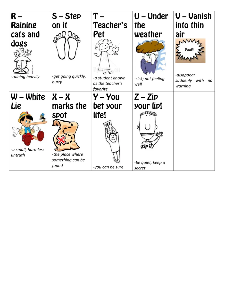 Idiom alphabet entries R–Z: Raining cats and dogs, Step on it and seven more, with pictures and meanings.