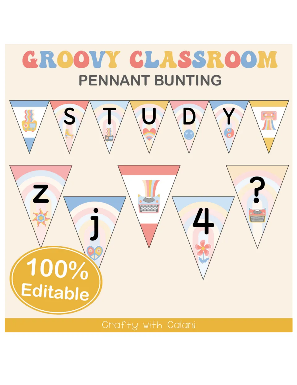 Groovy Classroom Pennant Bunting cover showing STUDY and sample letter, number, and decorative pennants