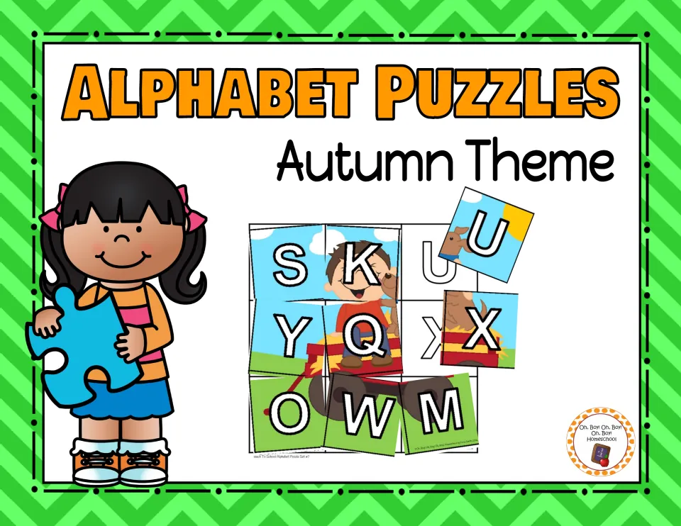 Alphabet Puzzles: Autumn Theme cover with a sample 9-piece letter puzzle of a boy and dog in a red wagon