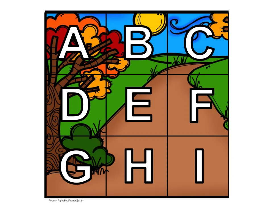 Set 1 color puzzle pieces A–I to cut out, forming an autumn scene of a red-leaf tree, sun and dirt path