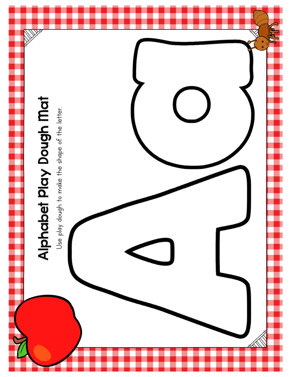 Letter Aa mat: students press play dough into large outlined uppercase A and lowercase a, with ant and apple pictures