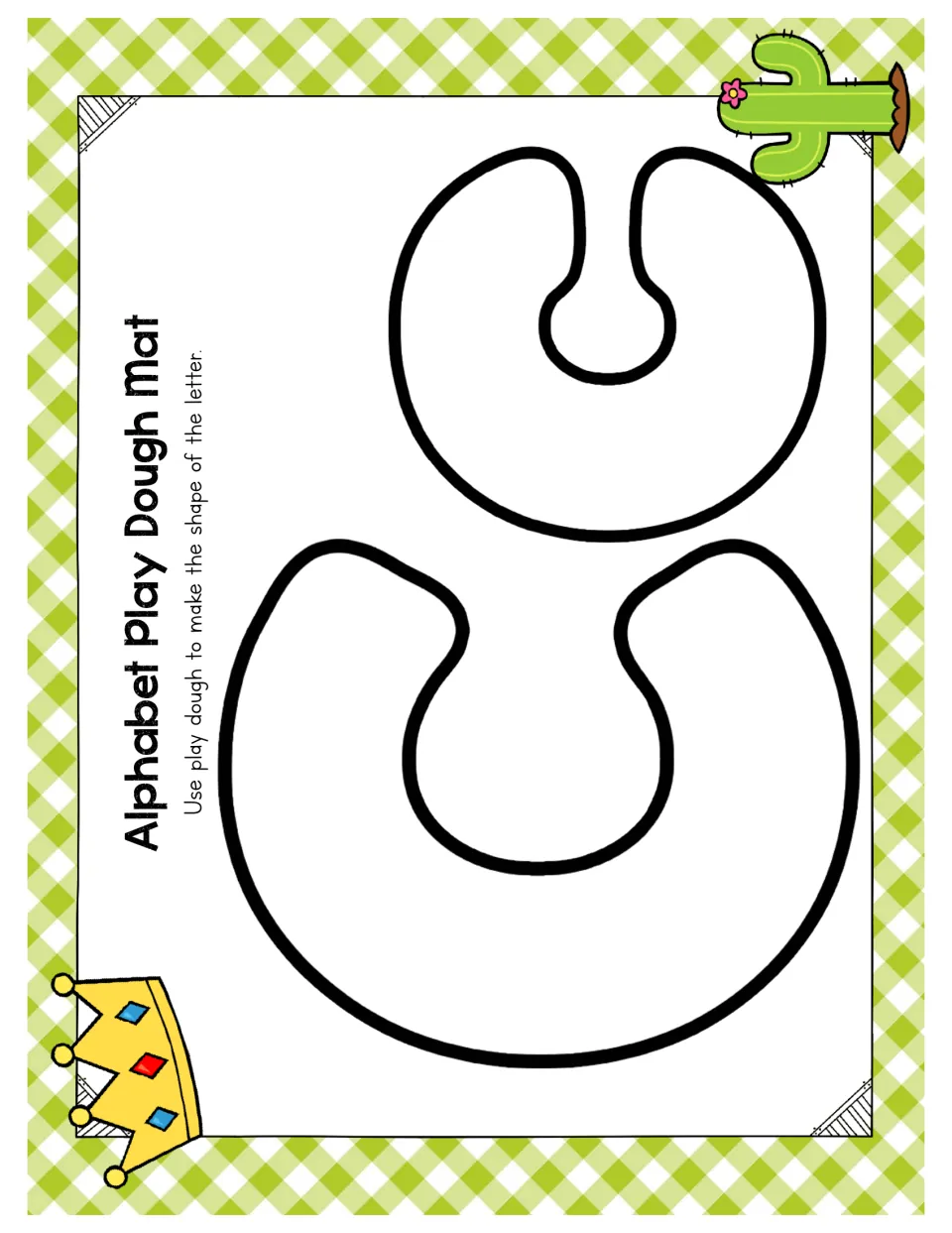 Letter Cc mat: students shape play dough along outlined uppercase C and lowercase c, decorated with a cactus and a crown