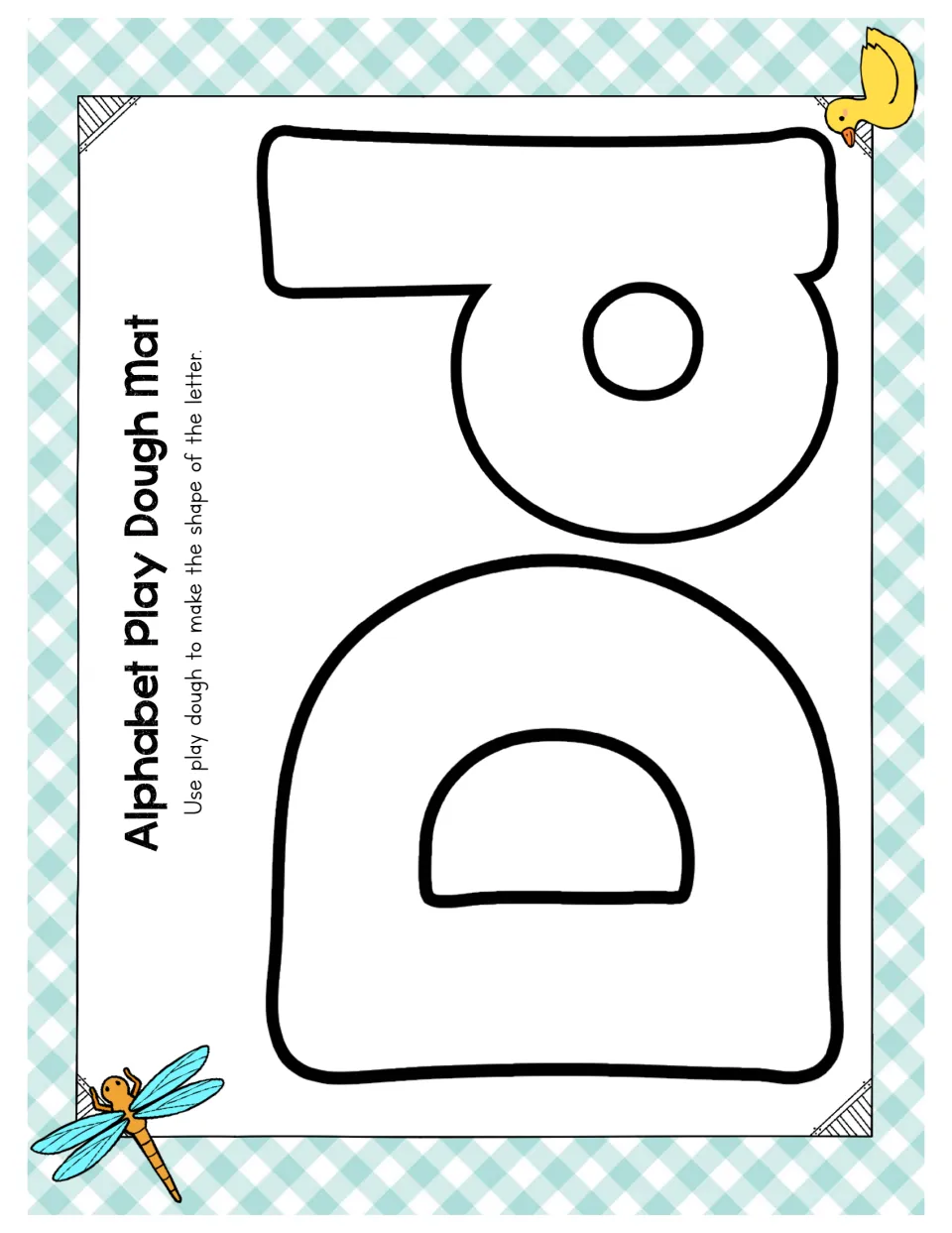Letter Dd mat: students build capital D and lowercase d from play dough inside outlines, with a duck and a dragonfly