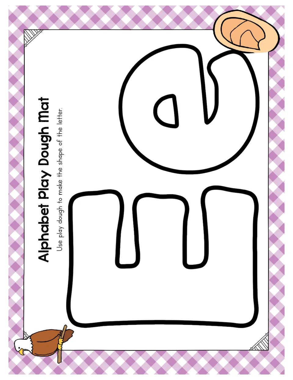 Letter Ee mat: students form uppercase E and lowercase e with play dough in outlined shapes, with an ear and an eagle
