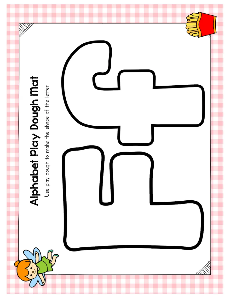 Letter Ff mat: students mold play dough into outlined capital F and lowercase f, with french fries and a fairy pictured
