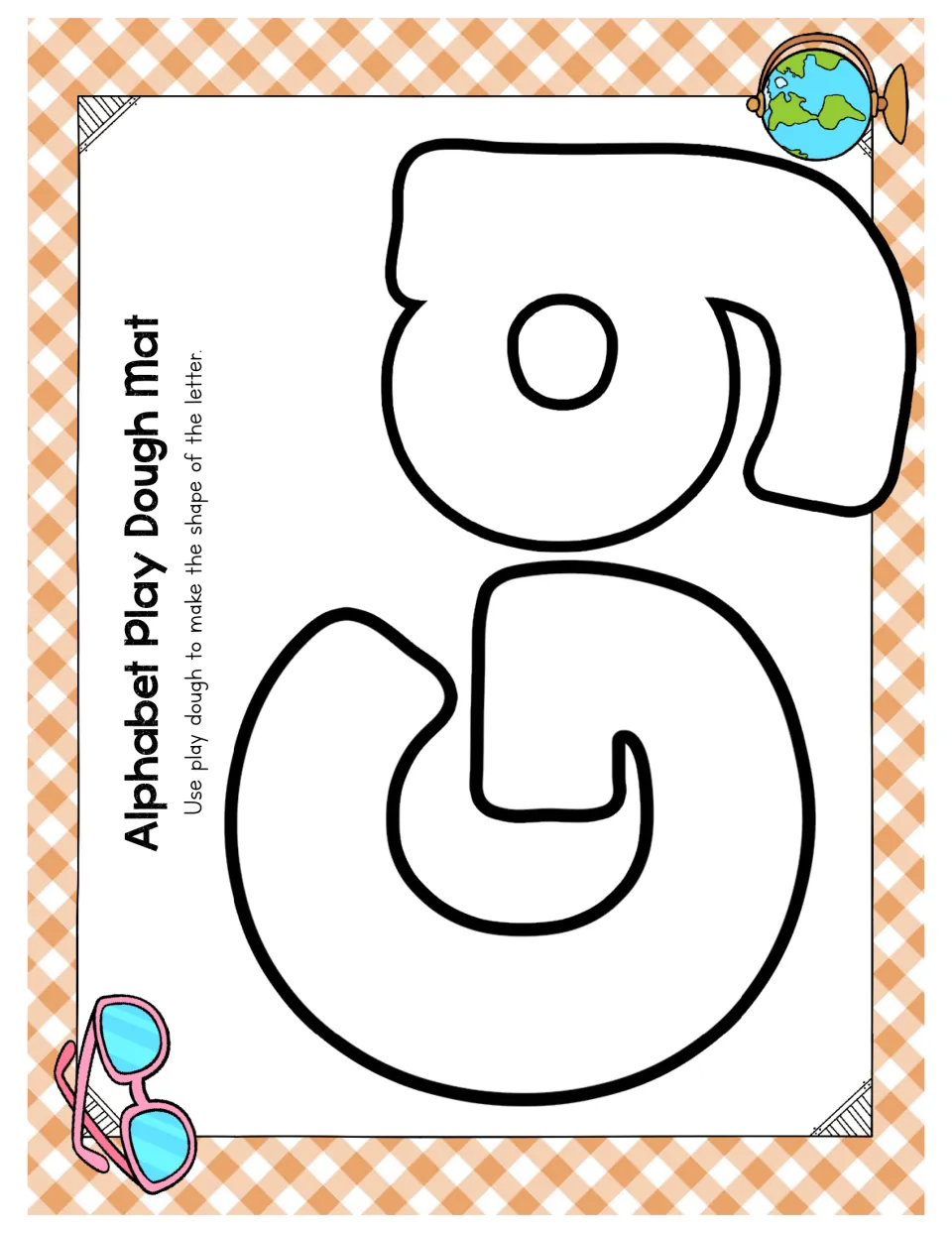 Letter Gg mat: students fill outlined uppercase G and lowercase g with play dough; a globe and sunglasses decorate it
