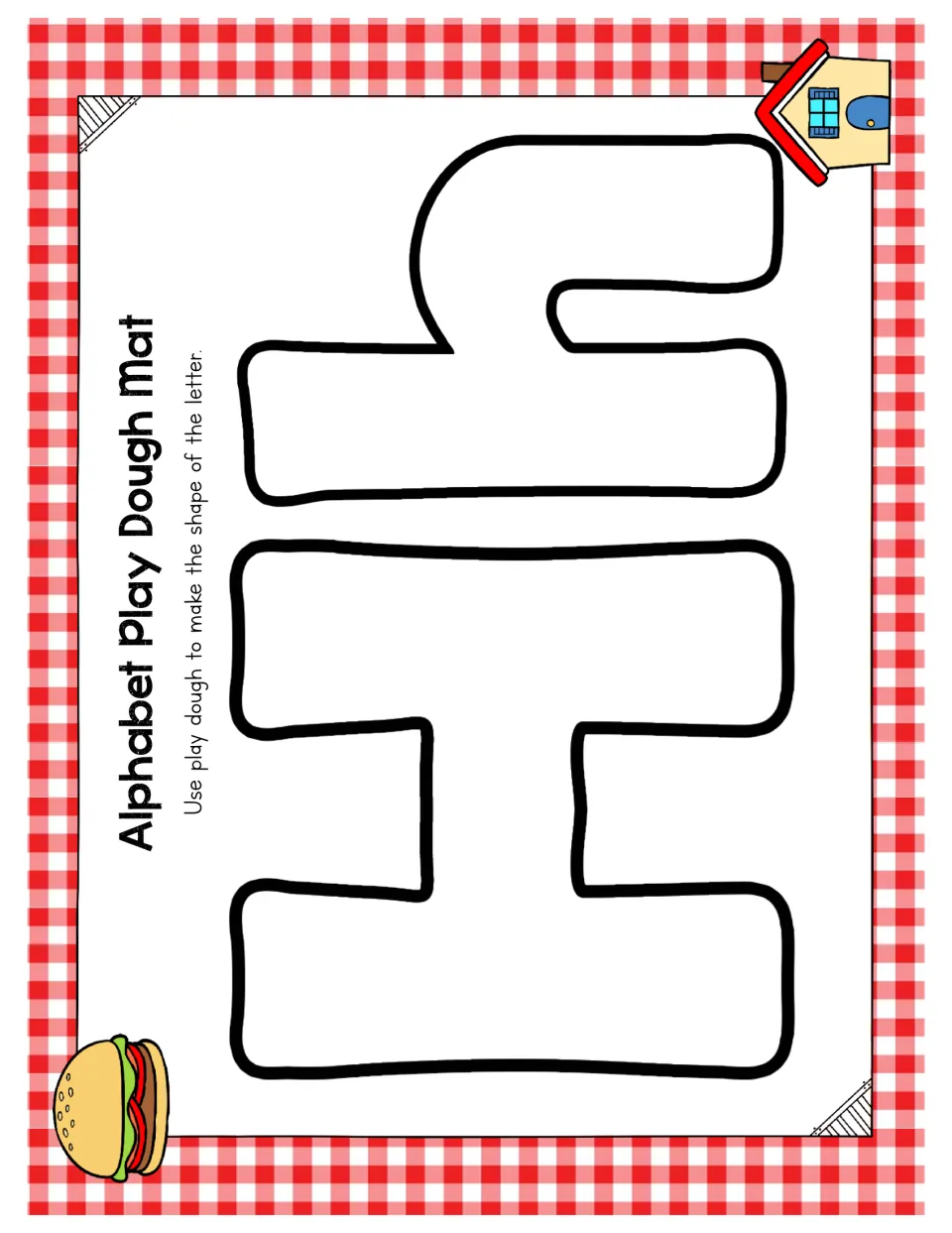 Letter Hh mat: students shape play dough to trace bubble capital H and lowercase h, with a house and a hamburger shown