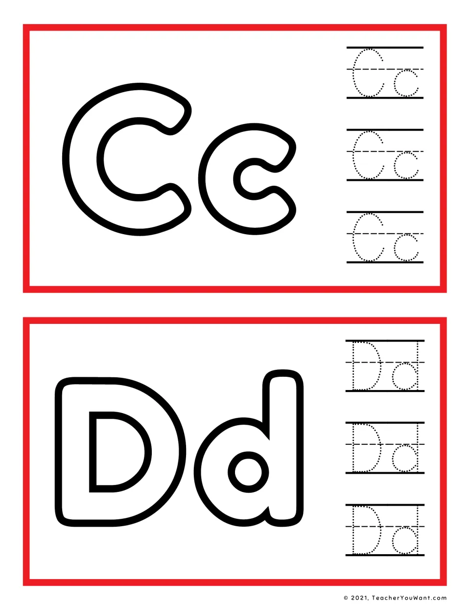 C and D mats: children roll playdough to fill large outline Cc and Dd letters, then trace each letter pair three times