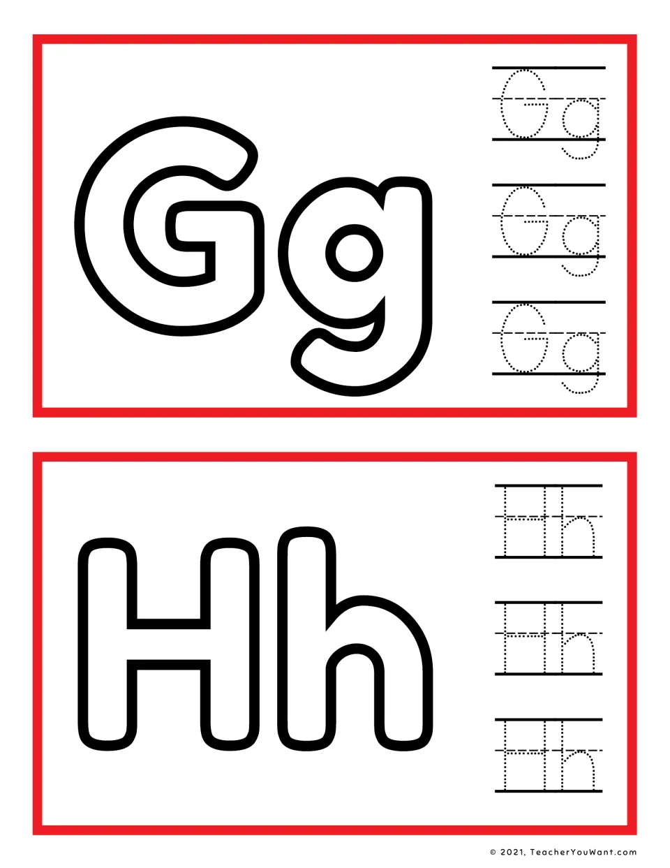 G and H playdough mats with outline Gg and Hh to fill with dough, plus three dotted Gg and Hh pairs for tracing practice