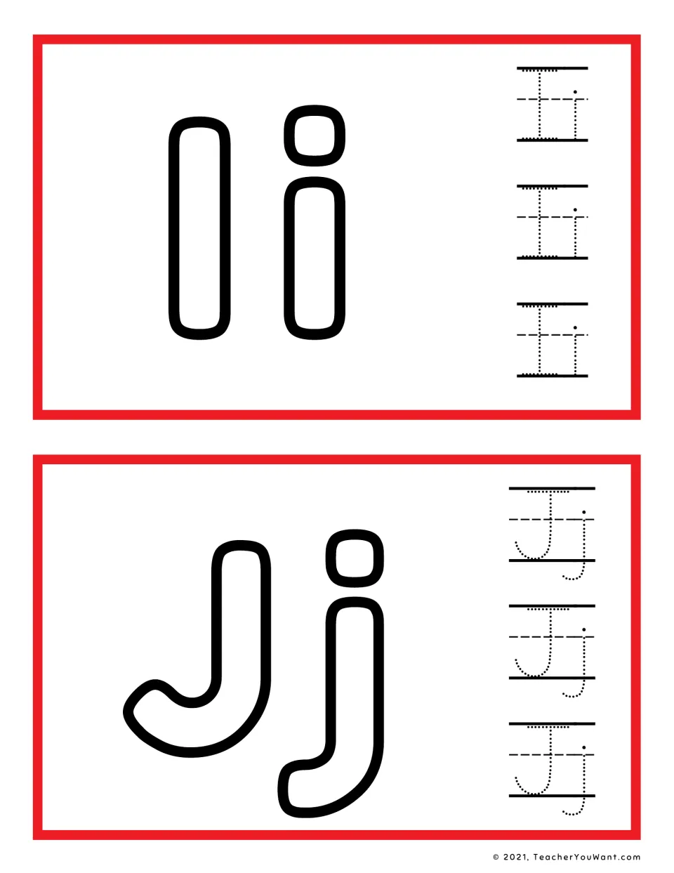 Letters I and J: students fill outline Ii and Jj with playdough, then trace three dotted Ii and Jj pairs for handwriting