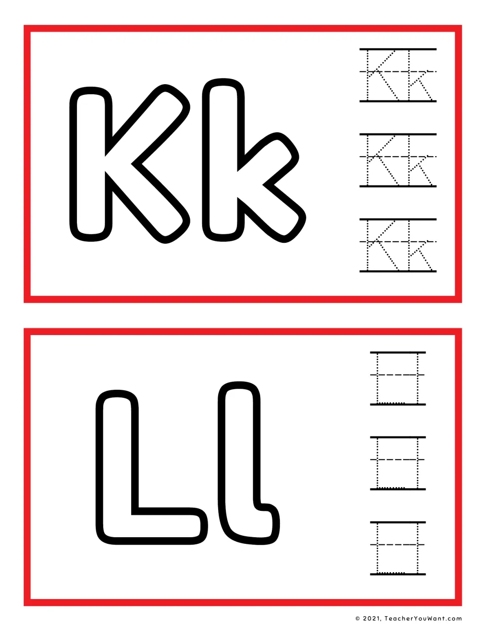 K and L mats: learners shape playdough over bubble Kk and Ll letters and trace dotted uppercase and lowercase Kk and Ll