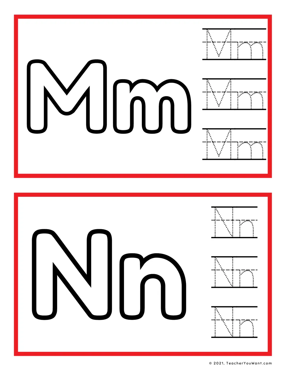 Letters M and N: students fill large outline Mm and Nn with playdough and trace each letter pair three times to practise