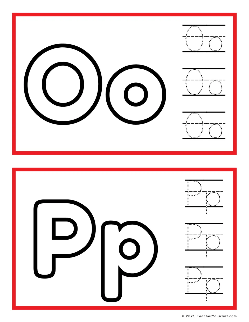 O and P playdough mats: children cover bubble Oo and Pp letters with dough and trace dotted Oo and Pp for letter formation