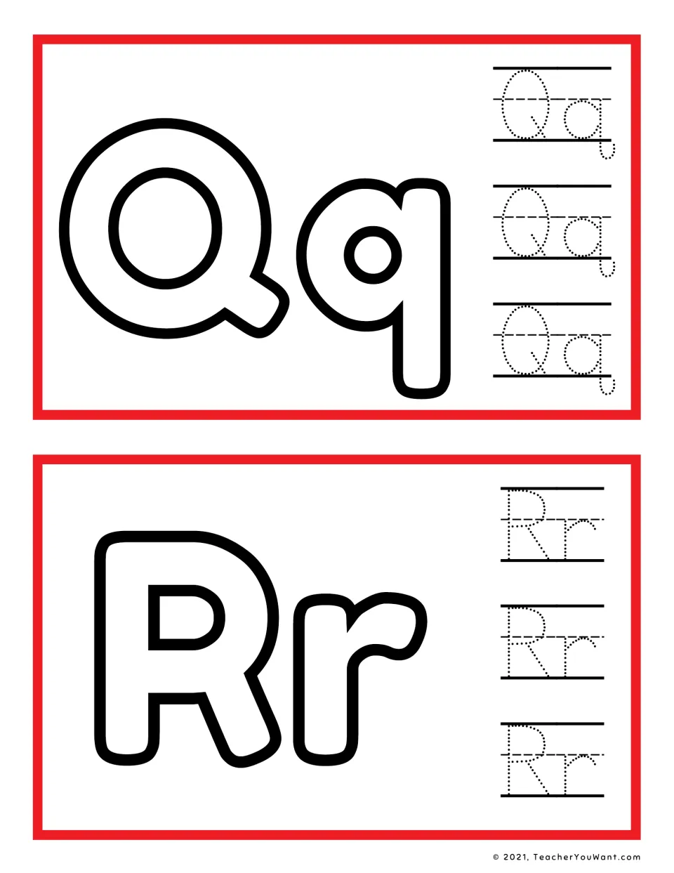 Q and R mats: learners roll dough to fill bubble Qq and Rr, then trace dotted Qq and Rr pairs to practise letter formation